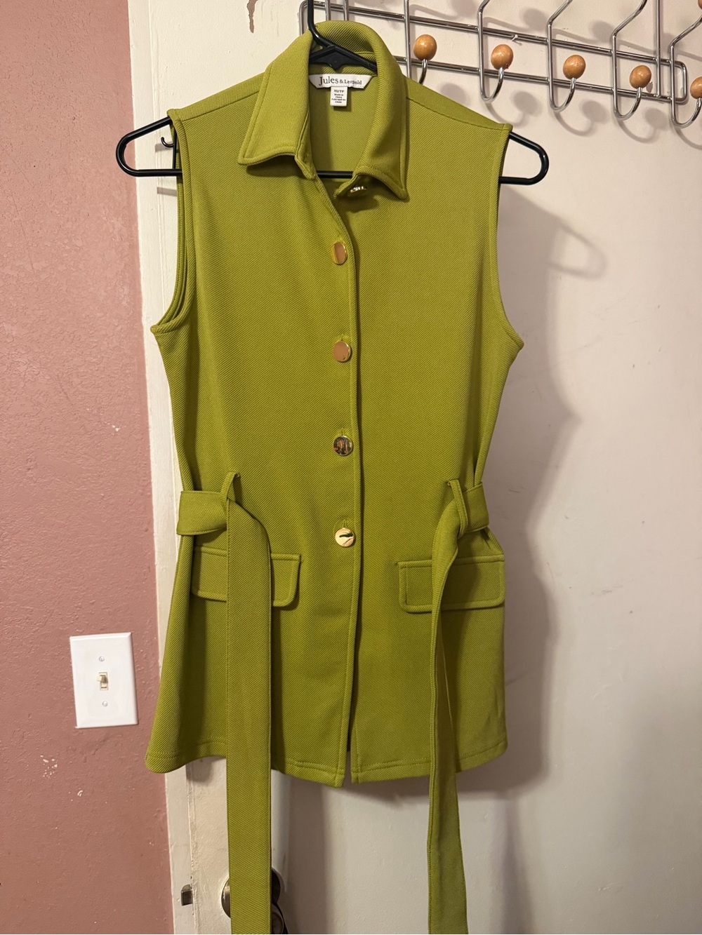 Belstaff Olive Green Sleeveless Button Vest with Self-Tie Belt